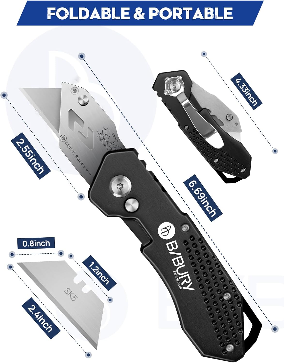 Utility Knife, BIBURY Upgraded Version Heavy Duty Box Cutter, Pocket Carpet knife with 10 Replaceable SK5 Stainless Steel Blades, Belt Clip, Easy Release Button, Quick Change and Safety Lock-Black