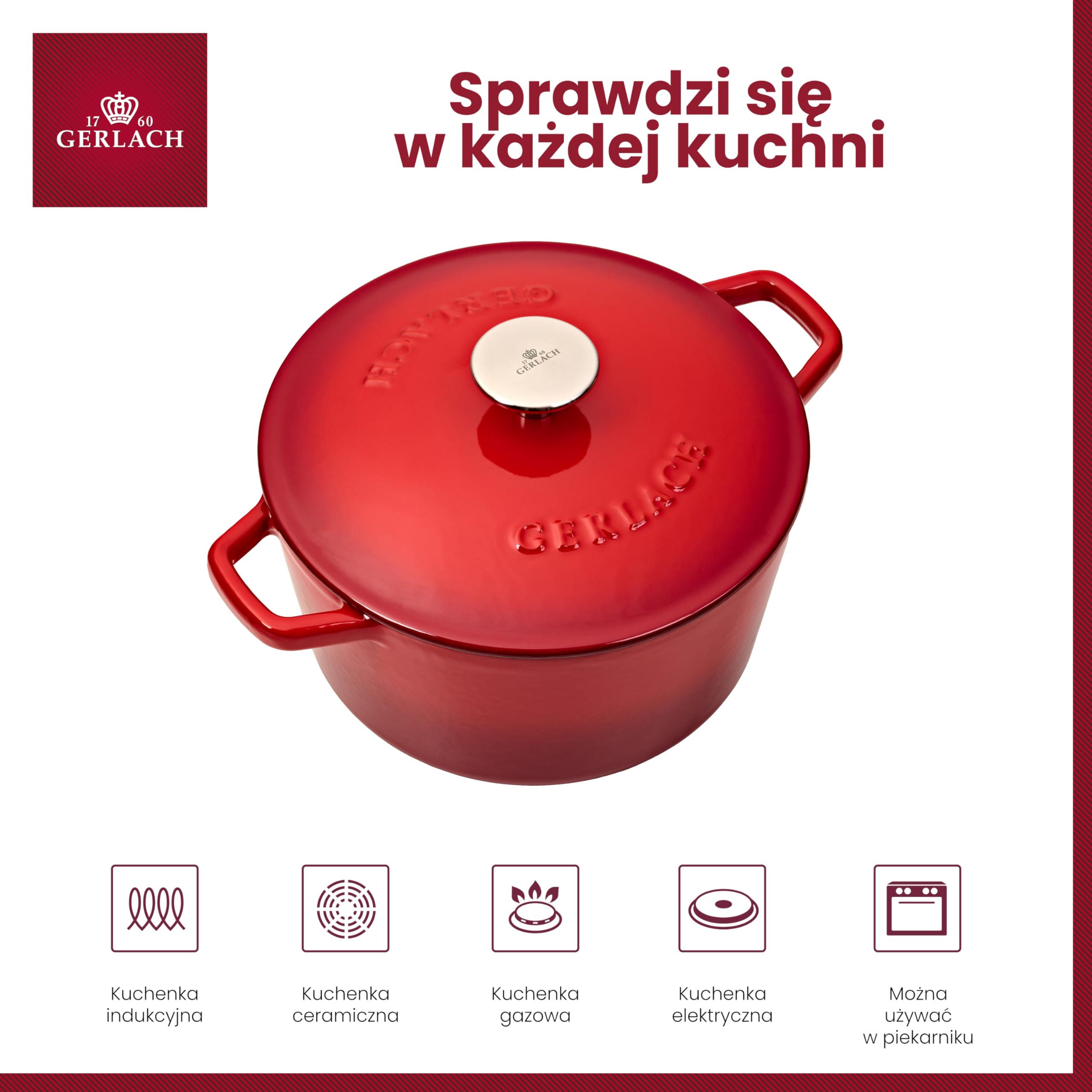 Gerlach 1760 Żeliwny Garnek Do Pieczenia Garnek Do Gotowania Smażenia Emaliowany Z Pokrywką 3 l Czerwony Natur Iron