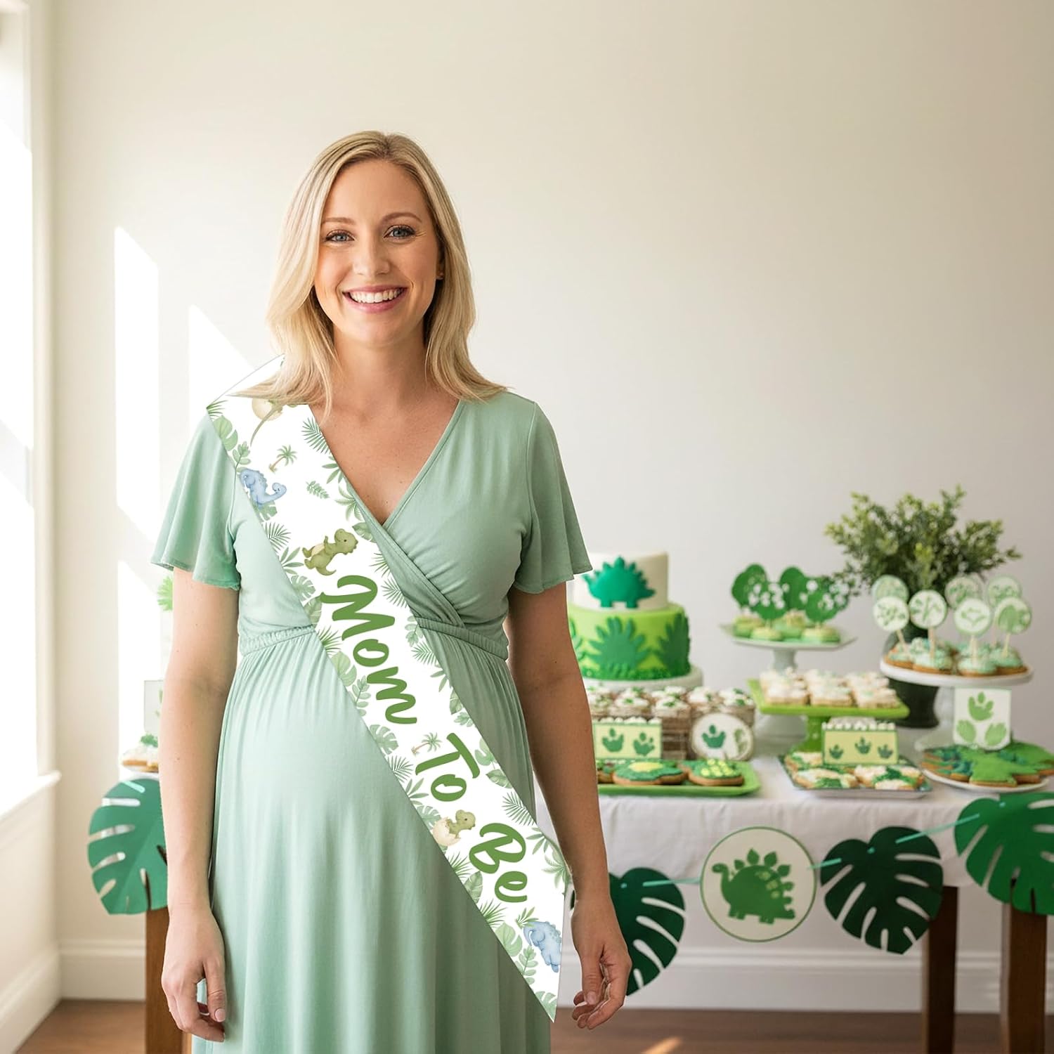 Dinosaur Theme Mom to Be Sash - Dino Baby Shower Mom to Be Sash Decor with Light Gold Large Simple Brooch, Fabric Maternity Sash for Hatching Soon Baby Shower Gender Reveal Decorations Gift