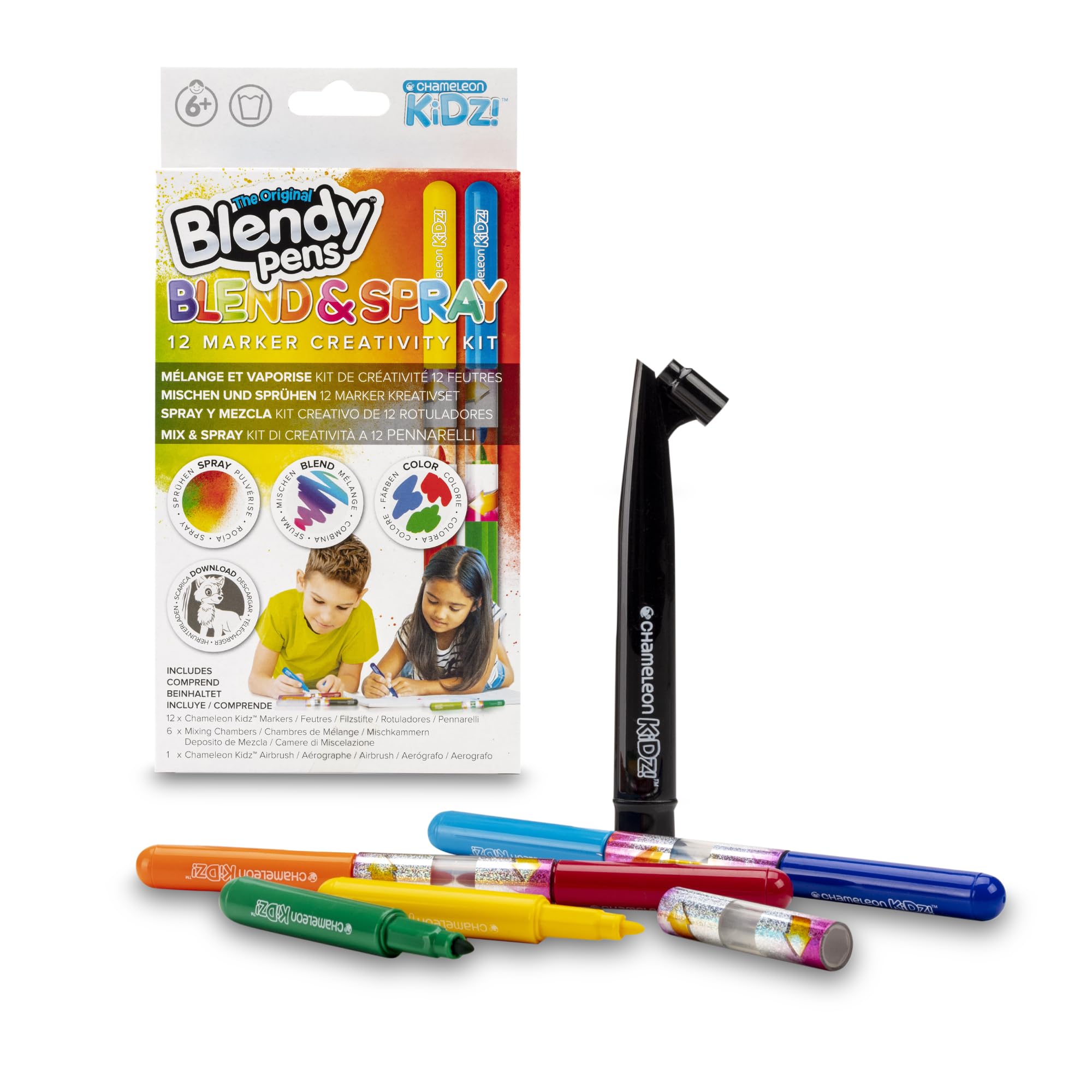 Famosa Blendy Pens, Rotuladores para hacer degradados, Blend and Spray Kit, 12 colores con plantillas y un aerografo, para Niños y Niñas de 6 Años (BLD01111)