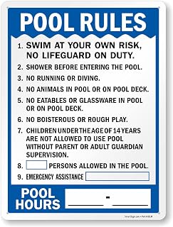 SmartSign 24 x 18 inch “Pool Rules - Swim At Your Own Risk, Shower Before Entering, Emergency Assistance, Pool Hours” Write-On Sign, Digitally Printed, 55 mil HDPE Plastic, Blue and white, USA-Made