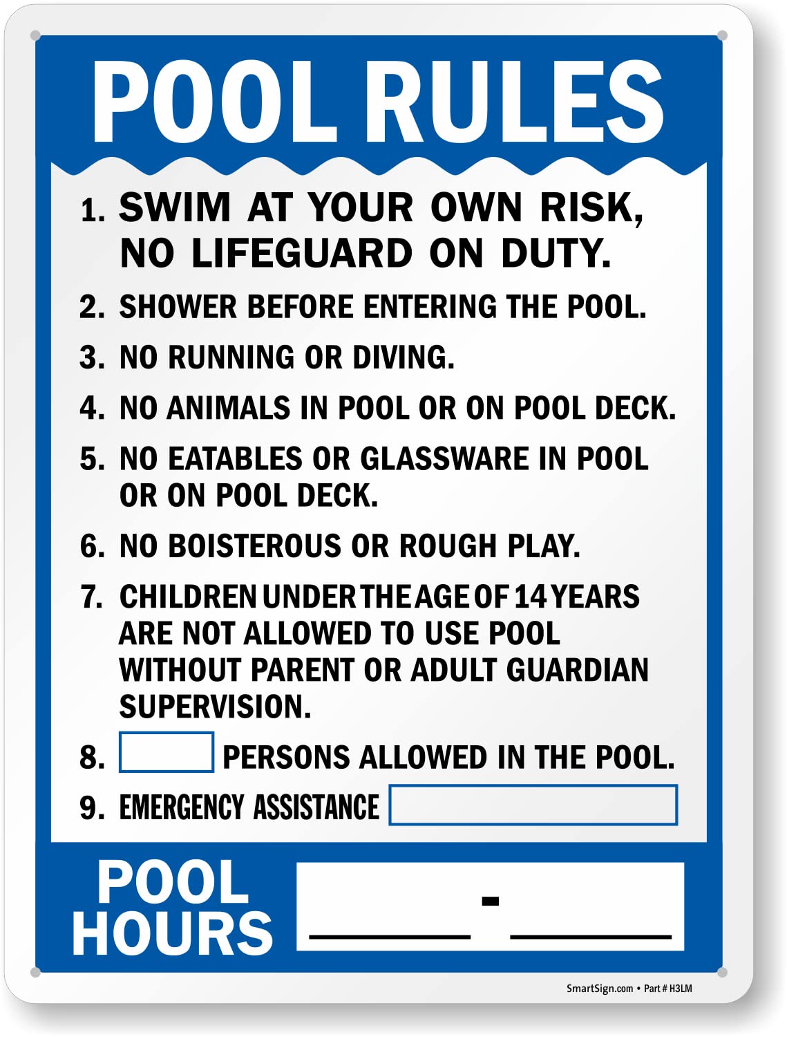 SmartSign 24 x 18 inch “Pool Rules - Swim At Your Own Risk, Shower Before Entering, Emergency Assistance, Pool Hours” Write-On Sign, Digitally Printed, 55 mil HDPE Plastic, Blue and white