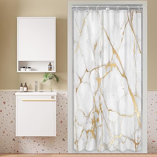 Cortina de ducha de mármol abstracto de 36 pulgadas de ancho x 72 pulgadas de alto, color blanco dorado, moderno, de lujo, tinta líquida, juego de