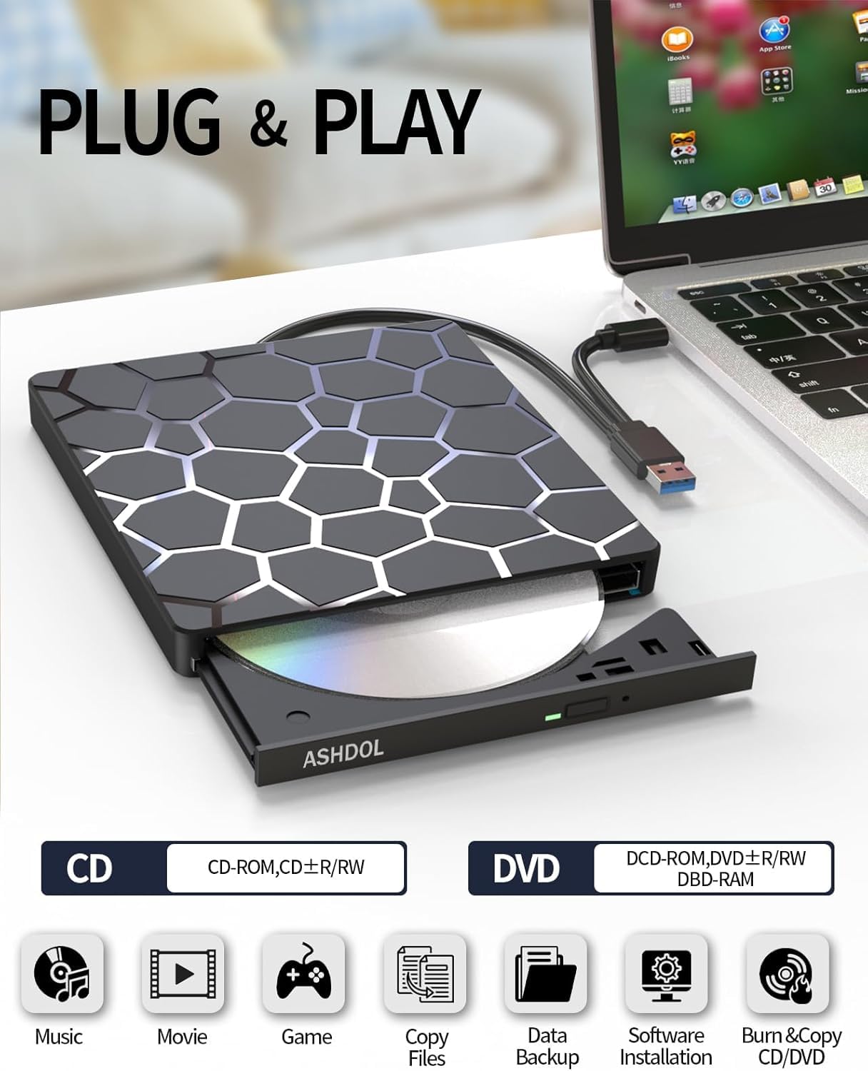External CD DVD Drive,8 in 1 USB 3.0 and Type-C Disc Reader Writer Burner Player,Slim and Portable CD DVD +/-RW Optical Drive for PC Laptop Desktop MacBook Mac Windows Linux OS Apple (8 in 1) — view 2