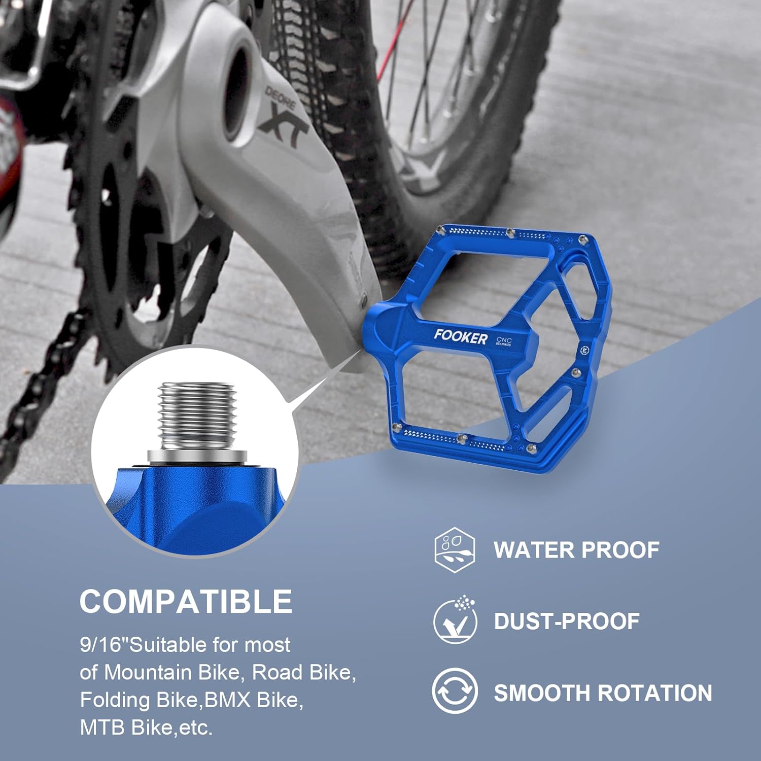 FOOKER Mountain Bike Pedals,Non-Slip Bicycle Flat Pedals Aluminum 9/16",MTB Pedals Wide Platform Pedals for Mountain Bike, BMX, Road Bike Pedals