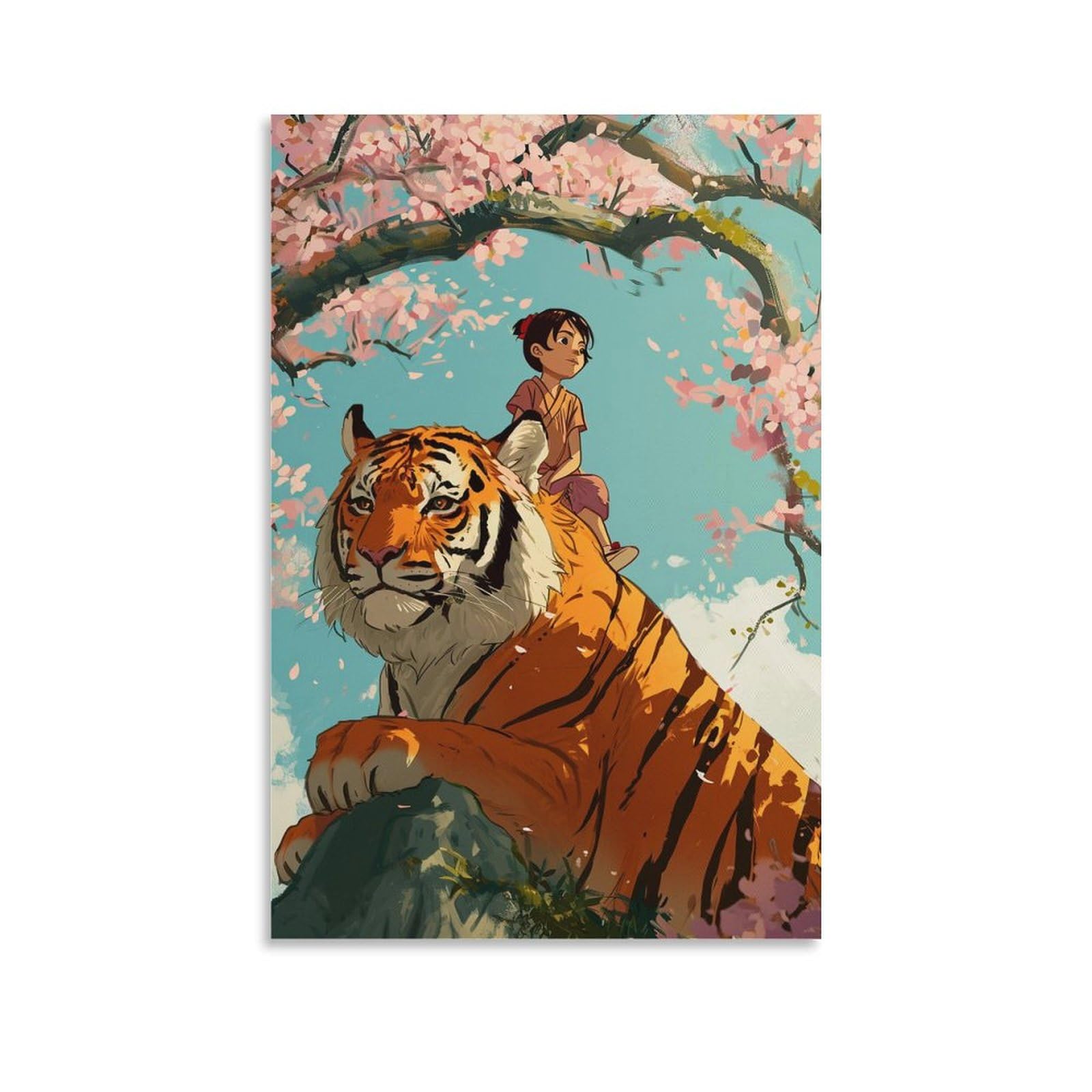 Amazon.co.jp: 絵画 虎に乗る女の子インテリア 絵画 動物イラスト