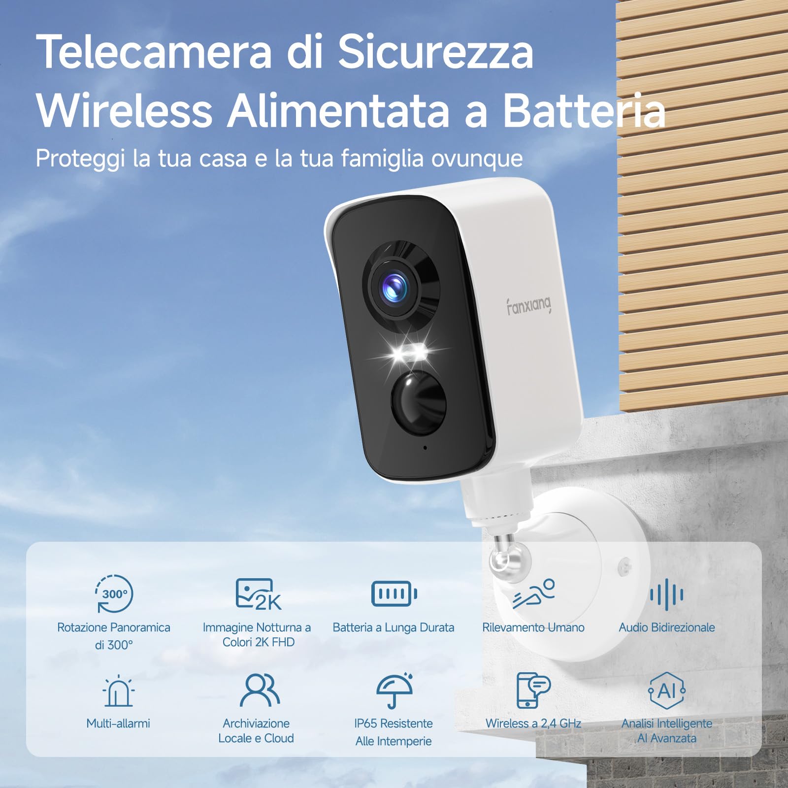 fanxiang Telecamera WiFi Esterno Senza Fili, Telecamera di Sicurezza Wireless con Visione 360°, Batteria Ricaricabile, Visione Notturna a Colori 10m, Rilevamento AI, PIR, IP65