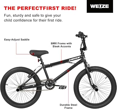 WEIZE Freestyle BMX Bike, 20 inch Trick Bicycle for Kids, Hi-Ten Steel Frame, 360 Degree Rotor Freestyle, 4 Pegs Single Speed Teen Bike for Boys Girls & Beginner-Level to Advanced Riders