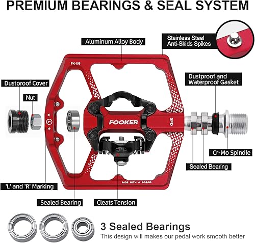Miniatura 4 de FOOKER Pedales de bicicleta de montaña MTB, doble función plana y pedal, 3 rodamientos sellados plataforma plana compatible con pedal sin clip