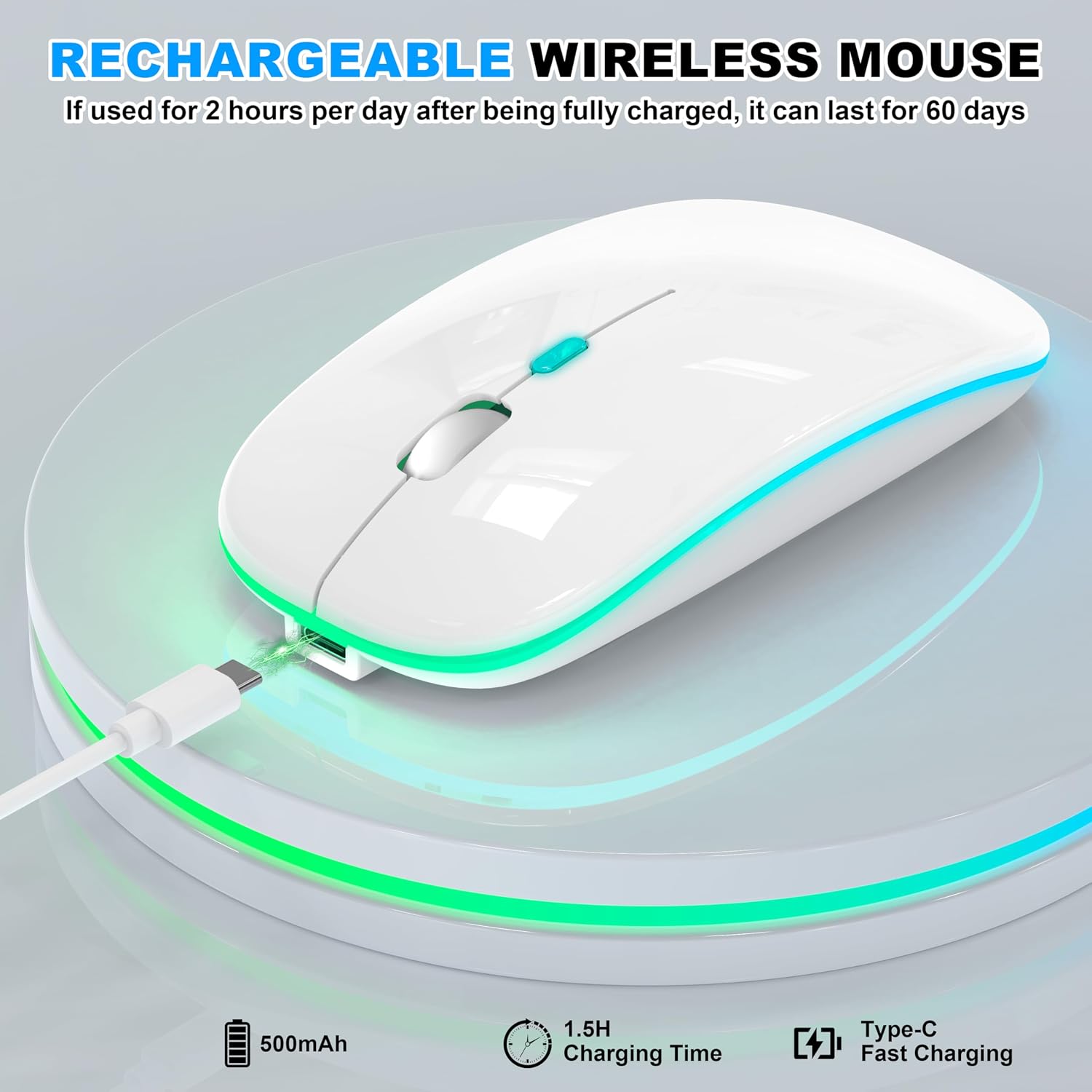LED Bluetooth Wireless Mouse for MacBook Air/Pro/iPad/Mac/PC/Laptop, Portable Rechargeable Mouse 3 Mode BT 5.2 & 2.4G USB-A/USB-C Connection, Slim RGB Computer Mice with Jiggler Mode, White 5 71zvFIG5+QL. AC SL1500