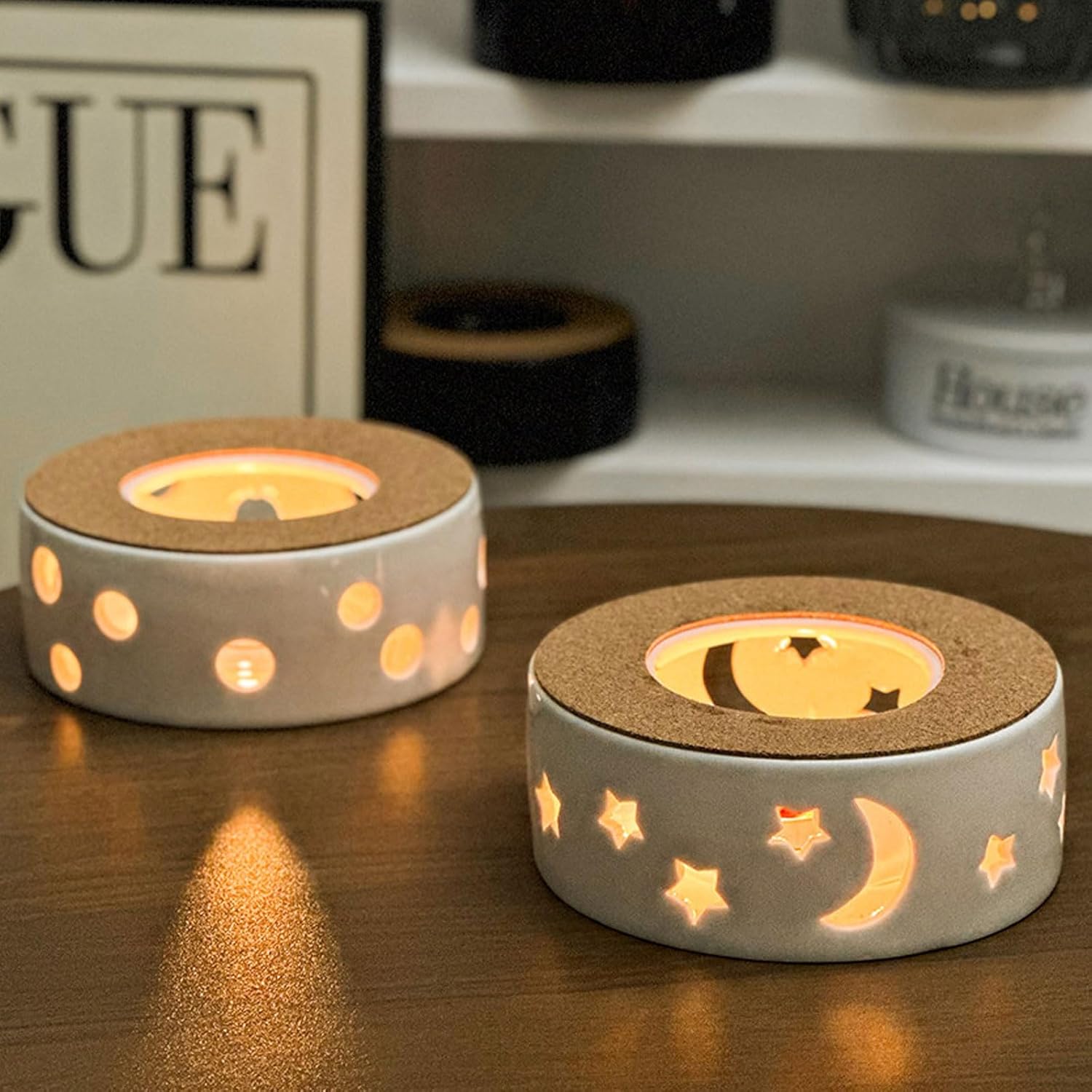 Ceramic Teapot Warmer with Cork Pads Star and Circle Hollow Design Tealight Holder for Heating Coffee Milk Tea Warmer -B