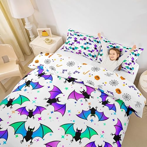 Miniatura 10 de Juego de ropa de cama de murciélago negro y rojo, funda de edredón reversible gótica para niños, decoración de Halloween, diseño de silueta de