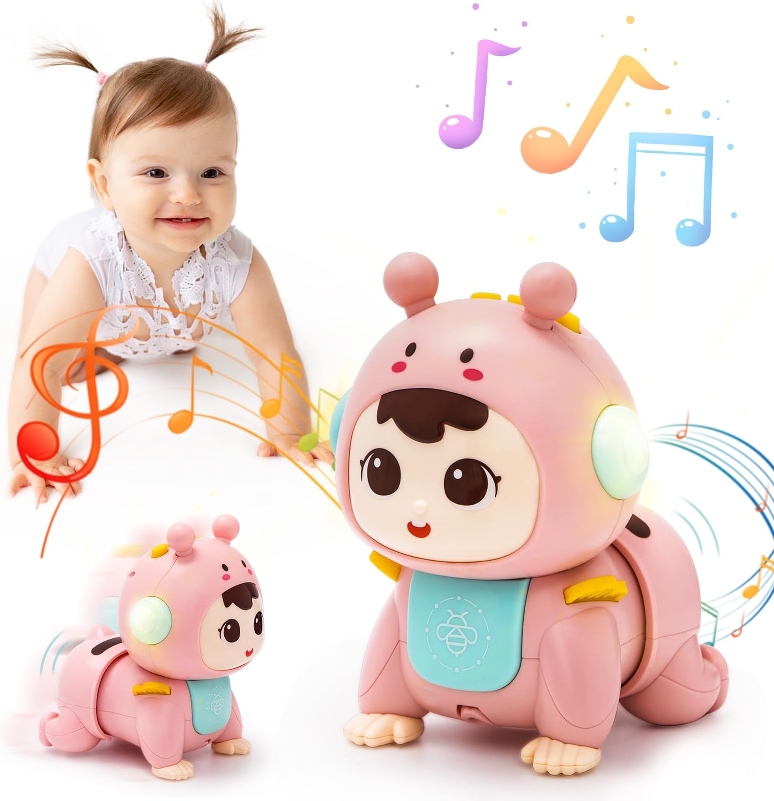 Highttoy Musical Light Crawling Baby Toys for Tummy Time Sensory Development, Pink