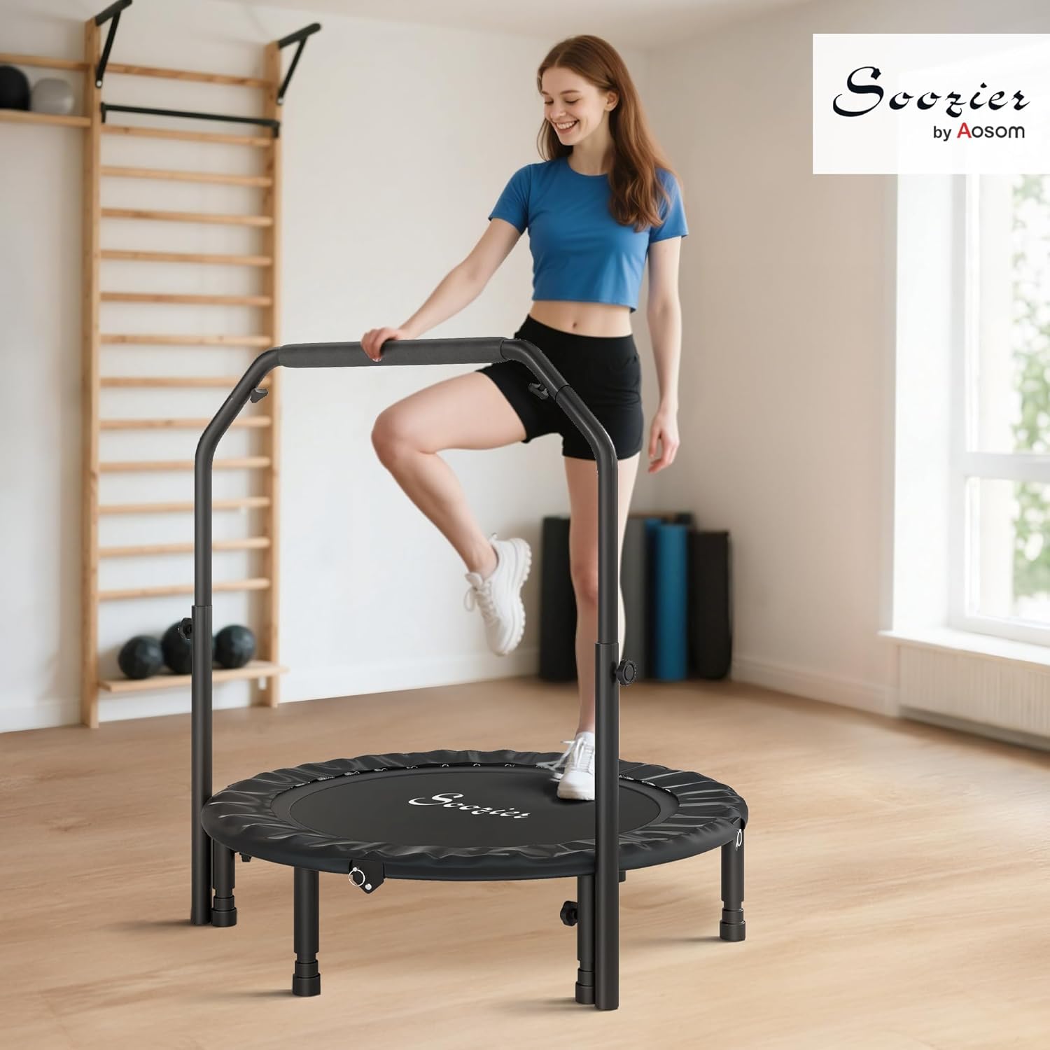 Soozier 40" Foldable Mini Trampoline, Rebounder Trampoline for Adults with Adjustable Foam Handle and Resistance Bands, Fitness Rebounder for Indoor Outdoor Workout, Max Load 330 lbs