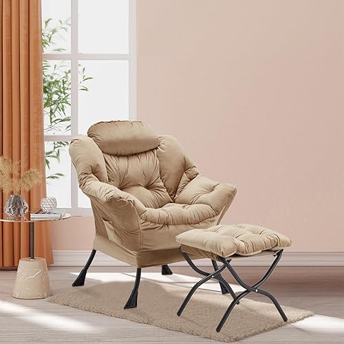 Miniatura 2 de Silla Lazy con otomana plegable, silla decorativa de terciopelo tapizada con estructura de metal y almohadillas antideslizantes, sillón con