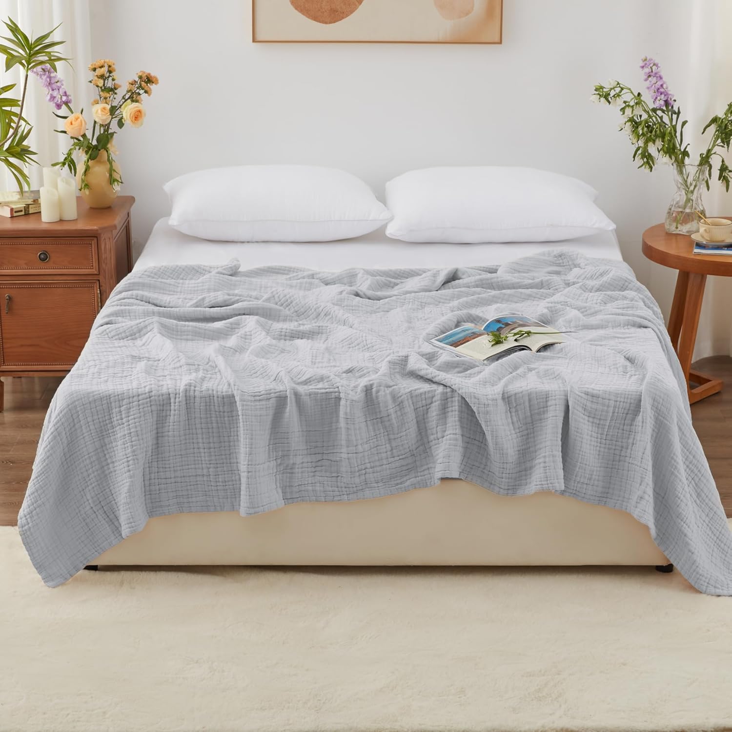 Love's cabin 6 Layer 100% Cotton Muslin Blanket, 108"x90" Muslin King Size Blanket for Bed Couch, Lightweight and Breathable Cotton Gauze, Light Grey - Image 2