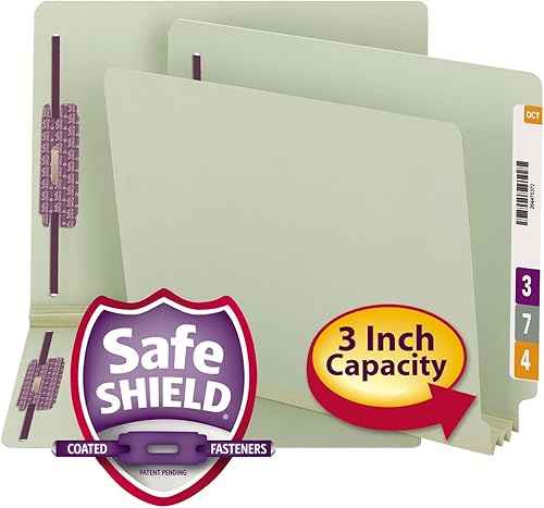 Smead Carpeta de archivos de cierre de cartón prensado con pestañas finales con cierres SafeSHIELD, 2 sujetadores, expansión de 3 pulgadas, tamaño
