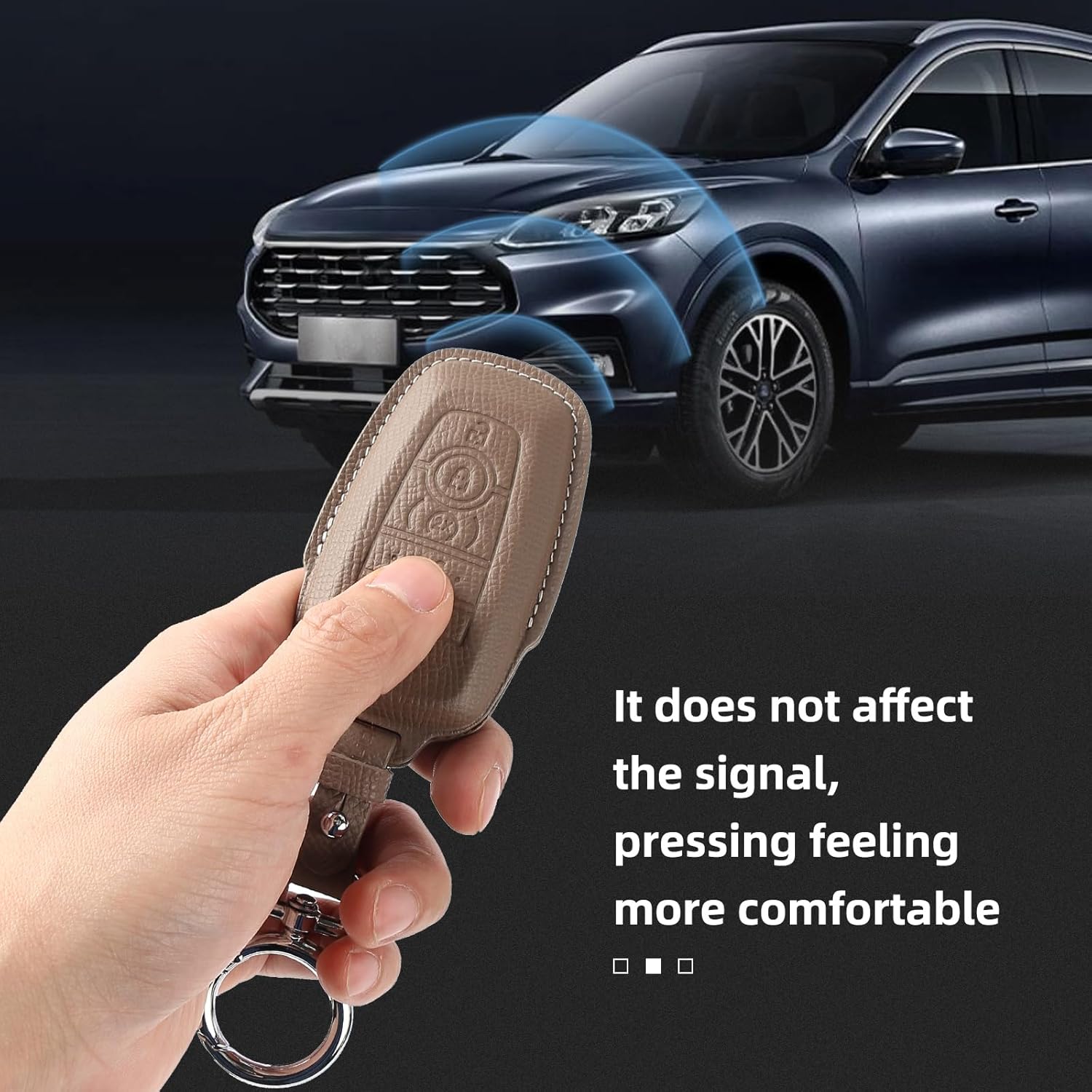 Leather Key Fob Cover with Keychain Compatible with Ford Explorer Mustang Escape F150 F250 F350 F450 F550 Edge Key (Khaki)