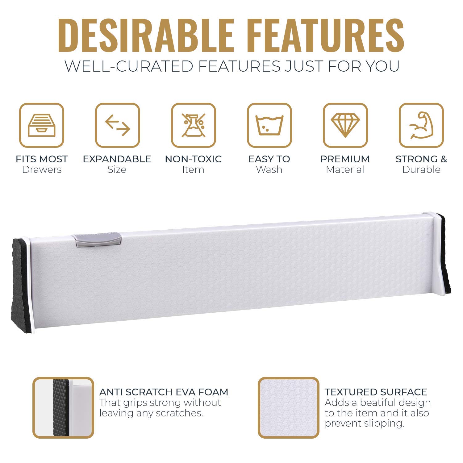 RAPTUROUS Schubladenteiler, 6,3 cm hoch, erweiterbar von 33-55,9 cm, verstellbare Trennwände für Küche, Kommoden, erweiterbare Organizer für Kleidung, Babykleidung usw., 8 Stück, weiße