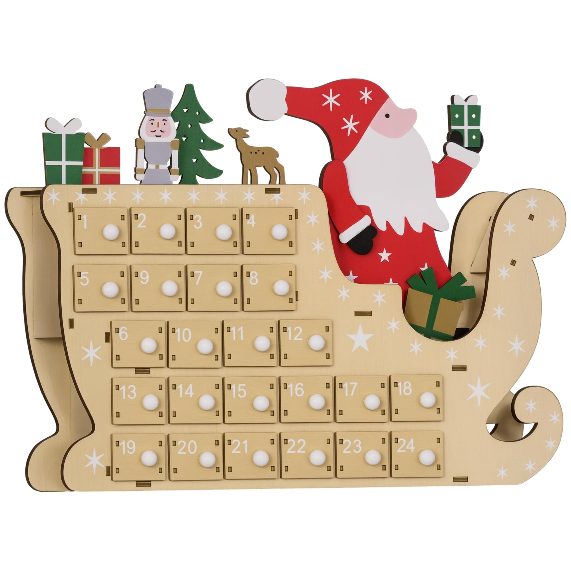 HOMCOM Calendario de Adviento de Madera con 24 Cajones 22,5x8x36cm Natural | Calendario de Adviento de Navidad Reutilizable, Decorado con Papá Noel en Trineo, Decoración Navideña para Rellenar