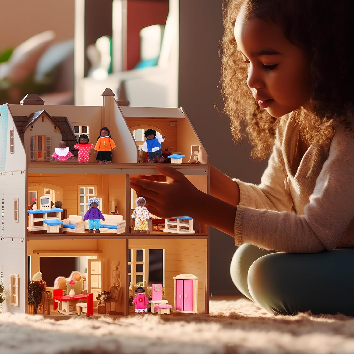 Sumind 35 Pcs Wooden Dollhouse Furniture and 8 African American Dolls Set for Inclusive Creative Play Fits Most 1 12 Scale Miniature Houses Easter Gift for Boys Girls