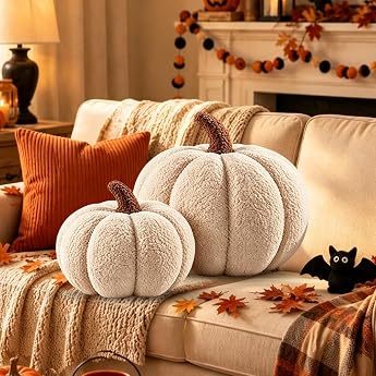 Pack of 2 Autumn Pumpkin Cushions 20 cm/28 cm 3D Plush Pumpkin Decorative Cushion Pumpkin Cushion 3D Pumpkin Look Pumpkin Cushion for Sofa Couch Bedroom Autumn Decoration & Halloween