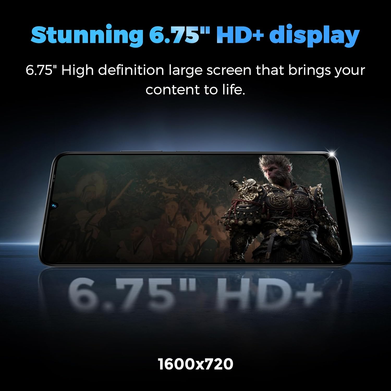 MIRO A67 with 6.75 inch HD+ display showing a movie scene