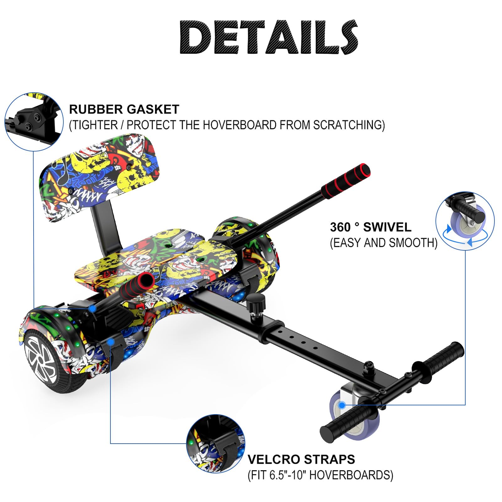 Hoverboard con fijación al asiento, combo de 6,5 pulgadas, autobalanceo, con altavoz Bluetooth y luces LED para niños, niñas y niños (incluyendo kart)