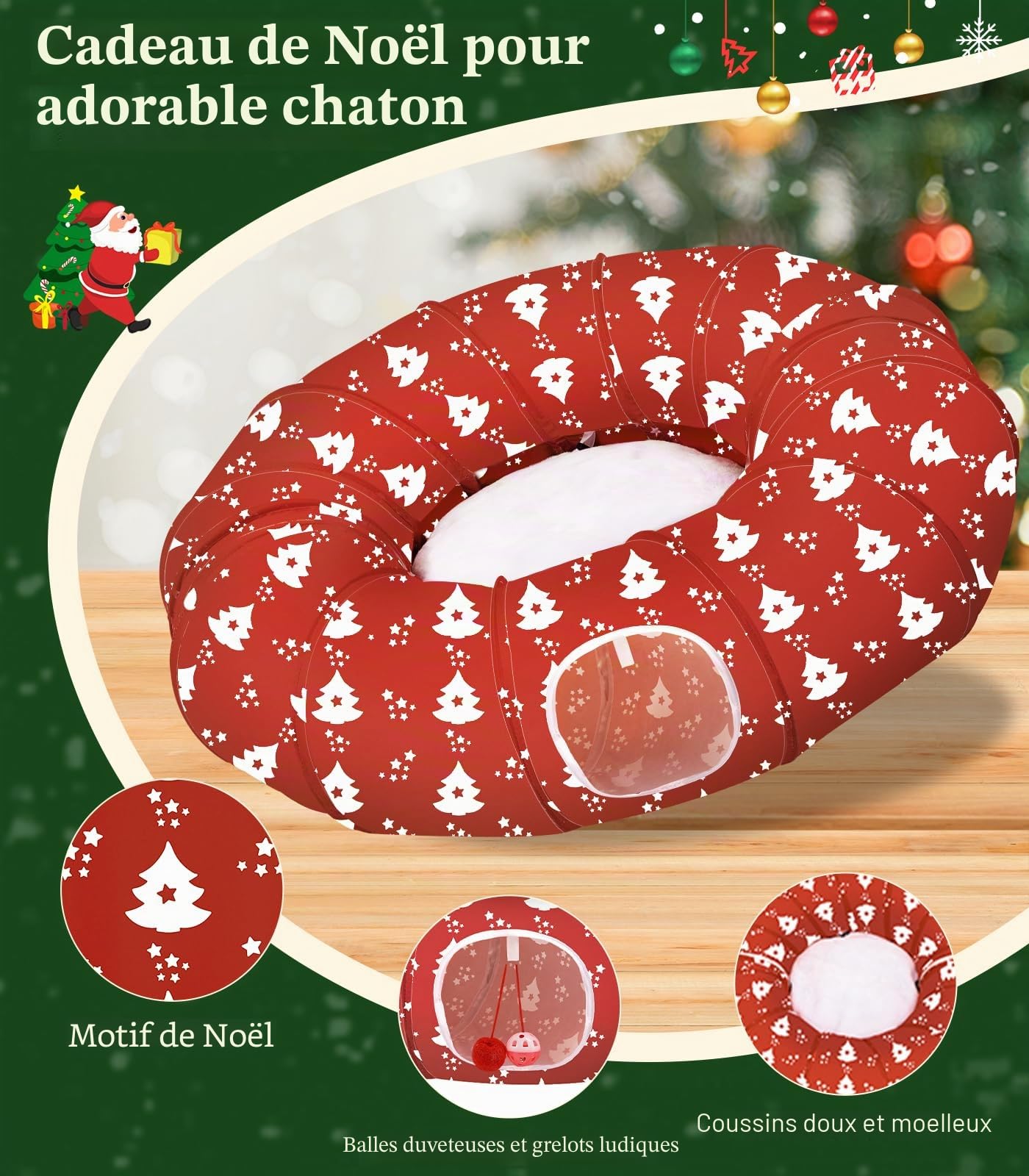 Pawaboo Lit Tunnel Noël Chat 35,4", Sapin Noël | Tunnel avec tapis, balles en peluche et grelots pour jouer, se cacher et se reposer.