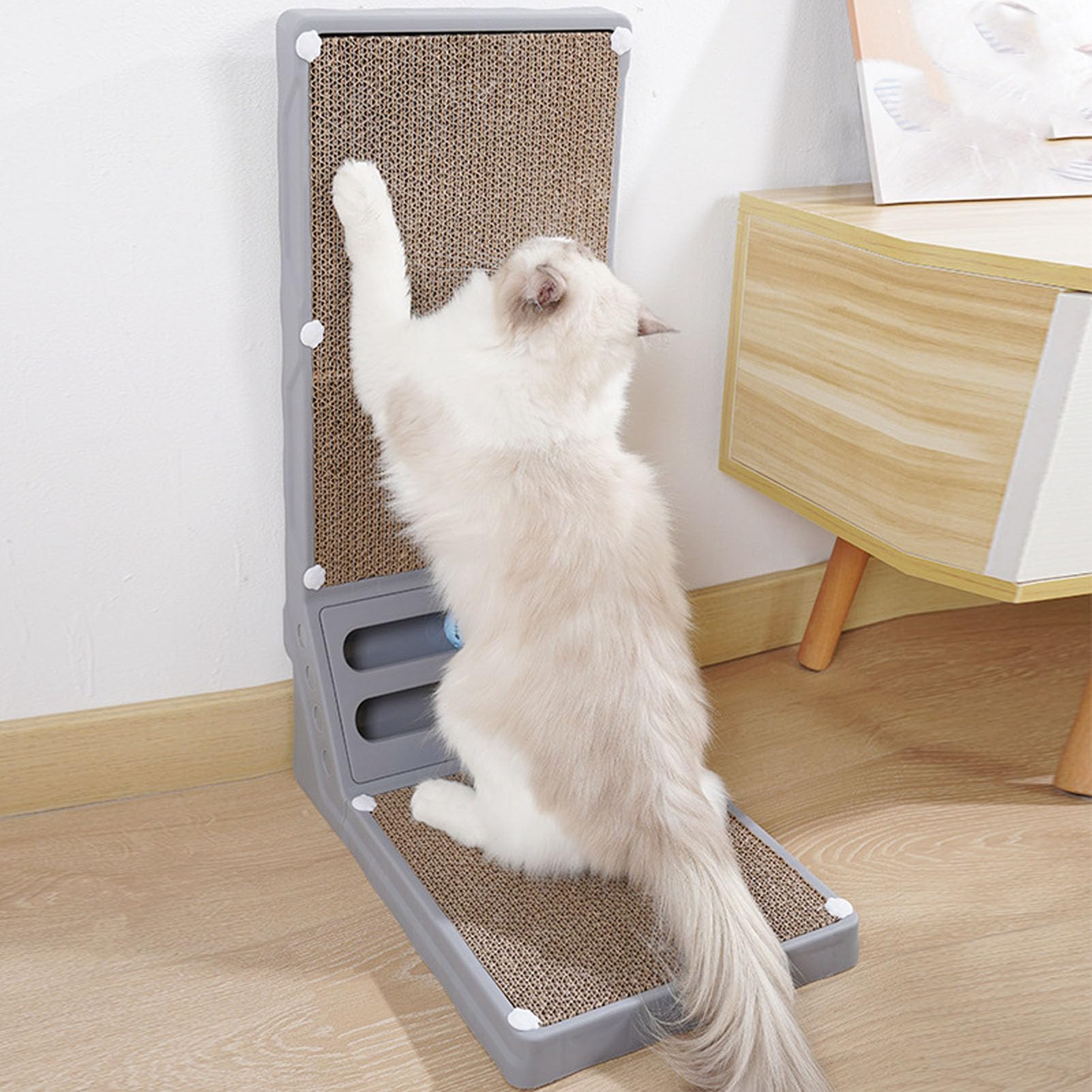 Rascador Vertical de cartón en Forma de L, 23.62 Pulgadas, con Bolas de Hierba gatera incorporadas, rascador de cartón con Bola para Gatos de Interior, tamaño Grande (Grey)