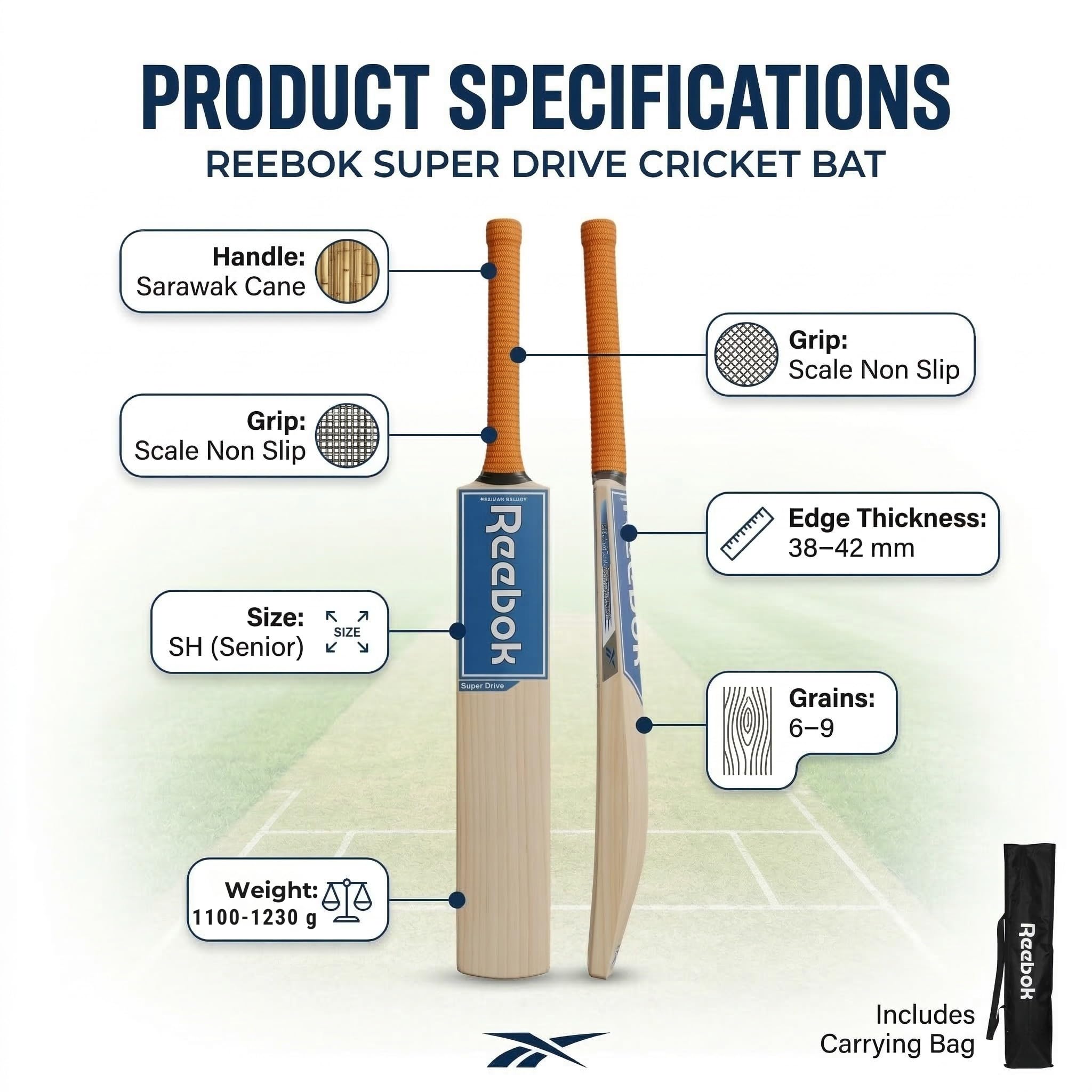 REEBOK Super Drive SH Kashmir - Mazza da cricket in salice per oltre 15 anni (1100 g), impugnatura e adesivo possono variare in base alla disponibilità