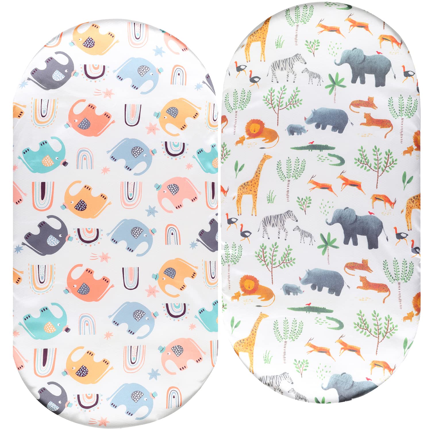 Bassinet Sheet Set 2 Pack Satin Ultra Soft Silk Fit for Rectangle, Hourglass, Oval Bassinet Mattress Protect for Baby Hair and Skin Cradle or Bassinet Sheets, Elephant & Rhino Lion