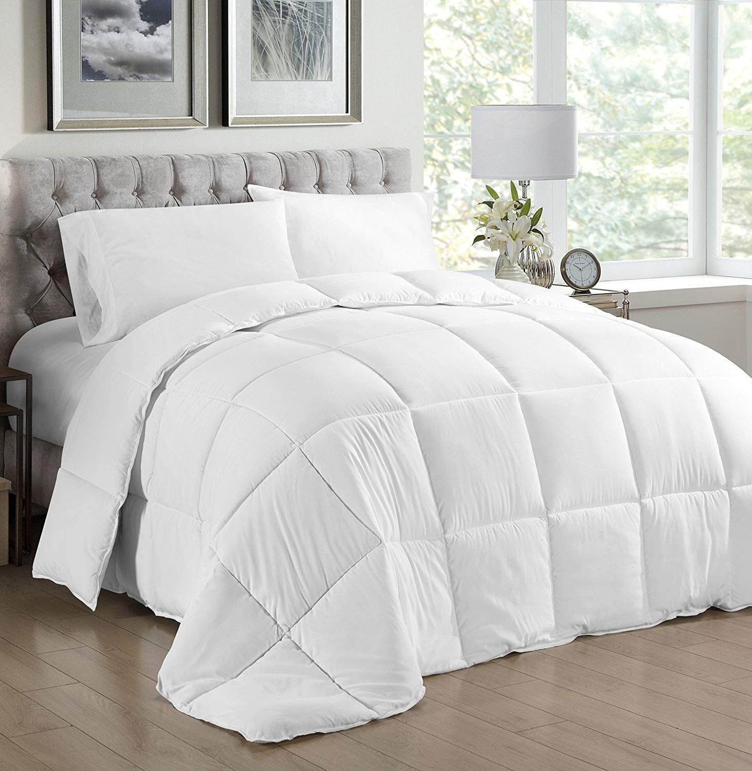 Beddingology Queen Comforter Duvet Insert White Comforter with Corner Tab Box Stitched Down Alternative Comforter Lightweight All-Season