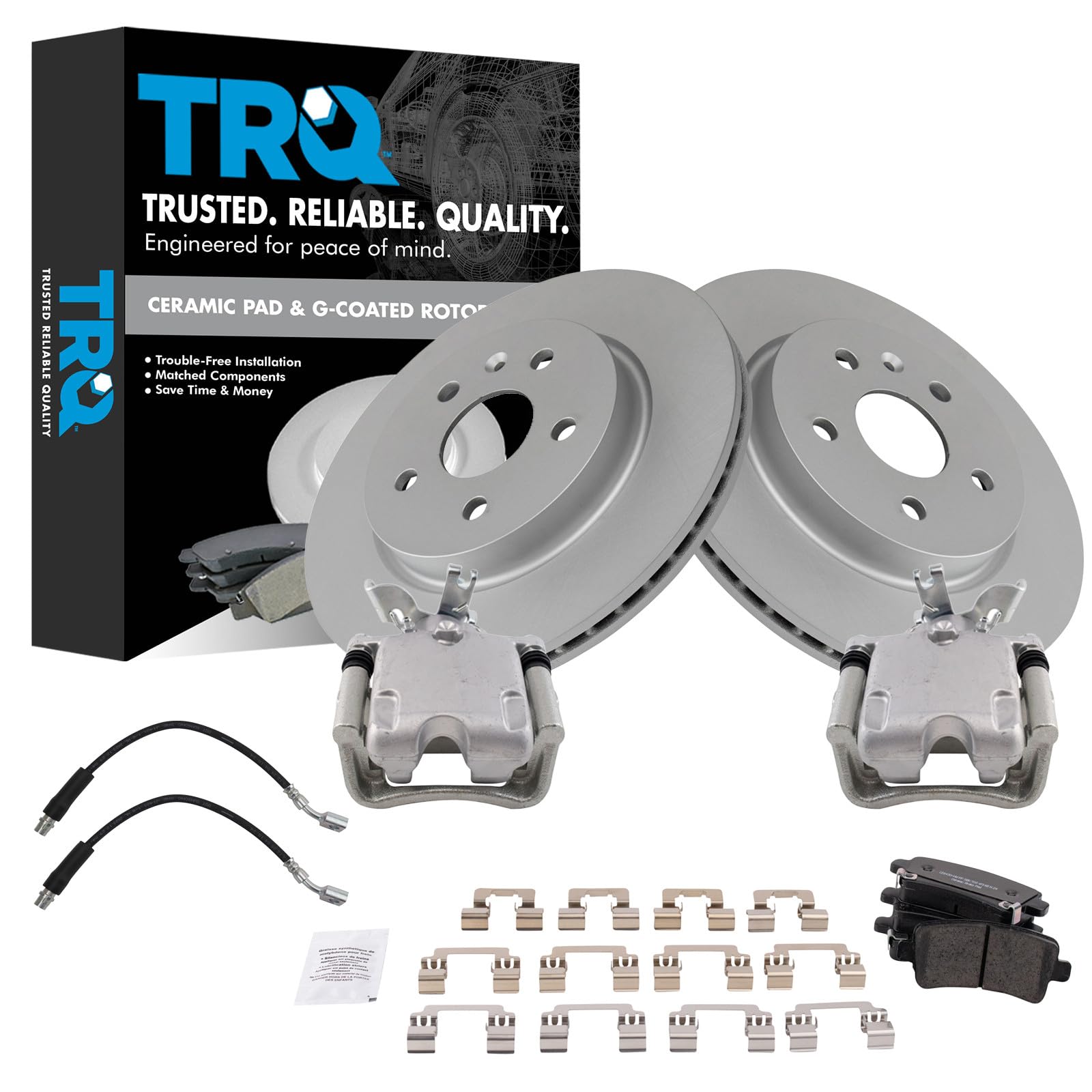 TRQ Rear Brake Pad and Rotor Set Ceramic 315 mm Coated Rotors Calipers Hoses Compatible with 2014-2015 Chevrolet Malibu