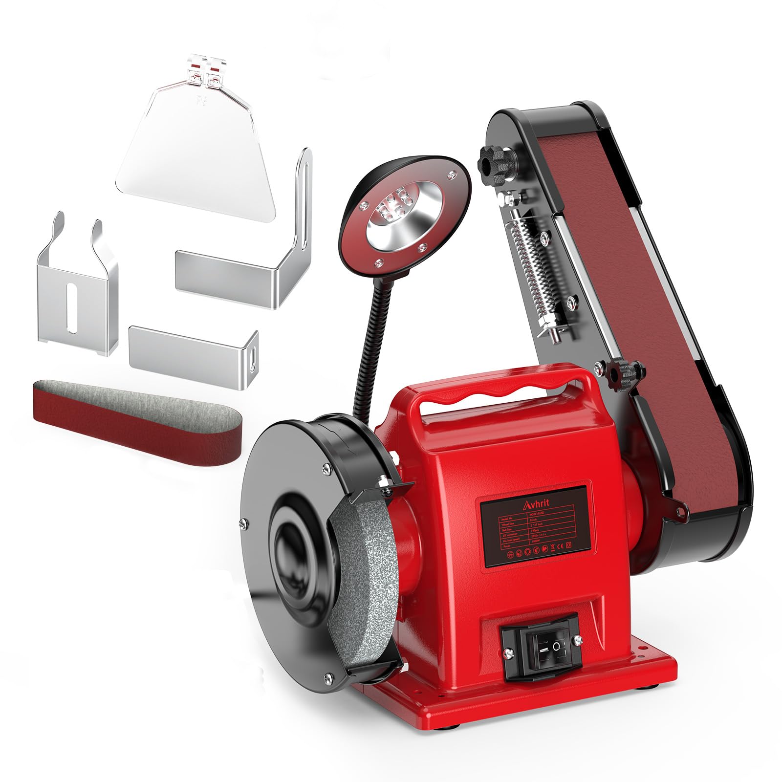 Stand-Bandschleifer, 2-in-1 Mini-Bandschleifer, 350 Watt, mit Bandschleifscheibenfunktion, LED-Licht, Funkengeschütztes Glas, Kabelgebunden, für Metall/Holz/Aluminium-Schleifarbeiten, Rot
