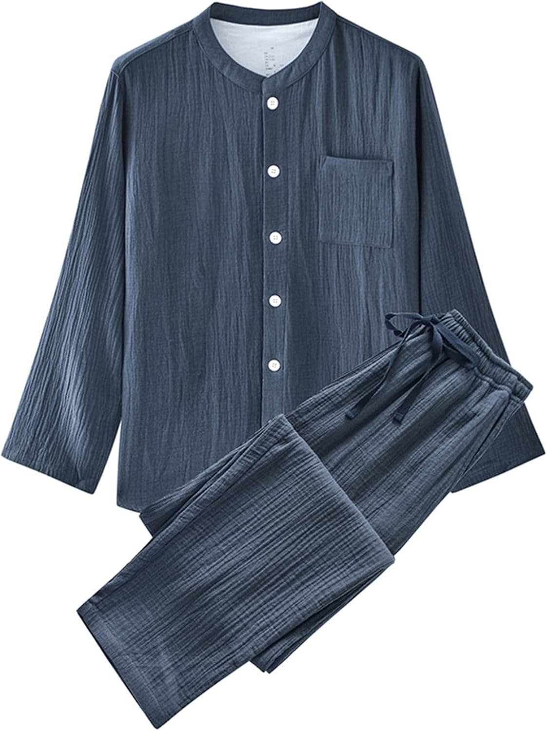 Men's Japanese Crepe Cotton Pajama Set, Long Sleeve V-Neck Pjs Set Lounge Sleepwear Loungewear