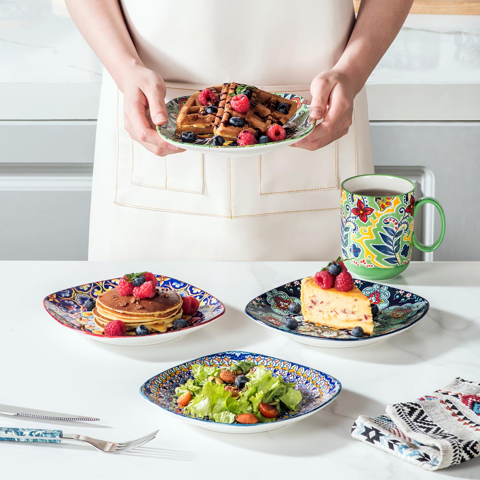 HENXFEN LEAD Dessertteller & Vorspeisenteller Porzellan, 18cm Quadratischer Salatteller 6er Set, Bunte Teller Set für Vorspeisen, Salat und Desserts - Bohemian Style