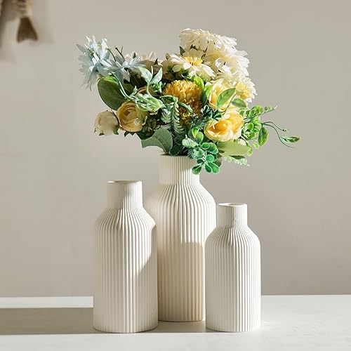 Miniatura 8 de Jarrón bohemio de cerámica blanca para hierba de las pampas, repisa, estantería, entrada y decoración de sala de estar (blanco, juego de 3)