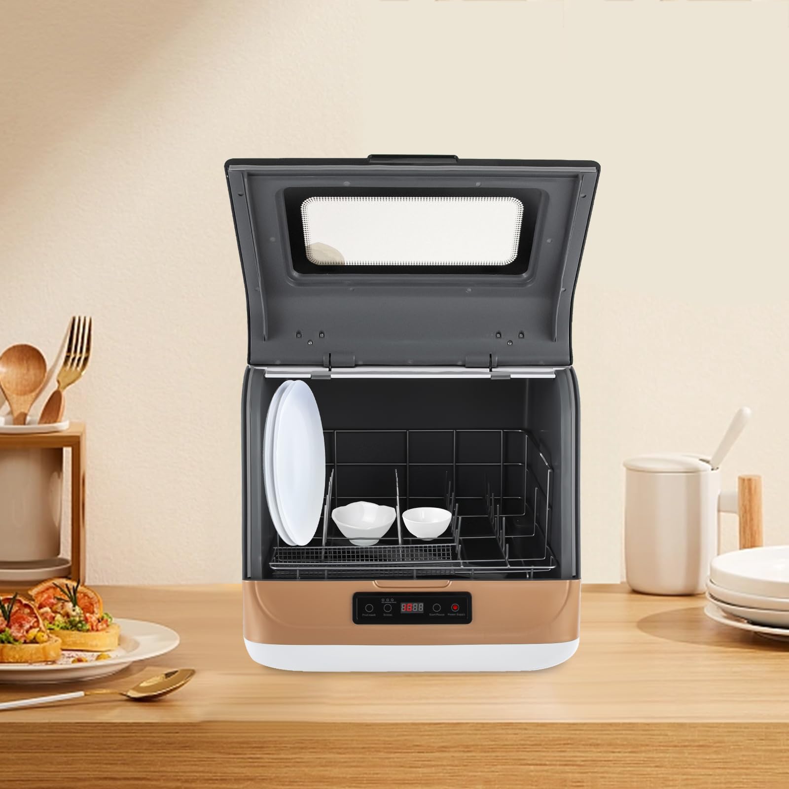 Mini lavastoviglie 800 W, lavastoviglie da tavolo con 5 programmi e ugello girevole a 360°, controllo touch, lavastoviglie da tavolo con 2 modalità di lavaggio e indicatore LED, perfetto per piccole