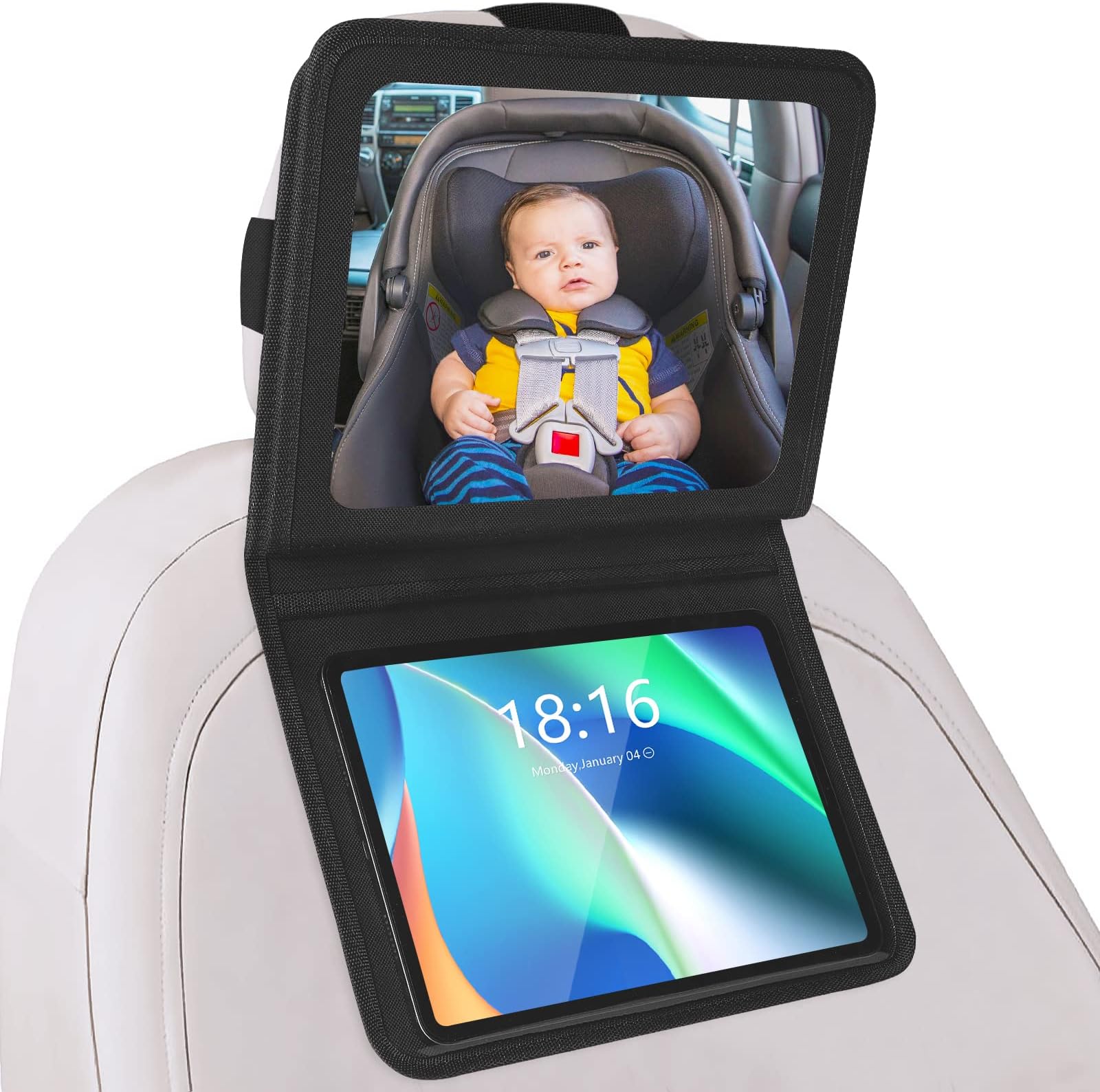 Baby Car Mirror with Adjustable Tablet Holder, Road Trip Essentials for Kids, Backseat Mirror to See Rear Facing Infant, Ipad Case for Car Headrest