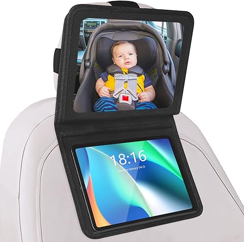 Espejo de coche para bebé con soporte ajustable para tableta, artículos esenciales de viaje por carretera para niños, espejo de asiento trasero para