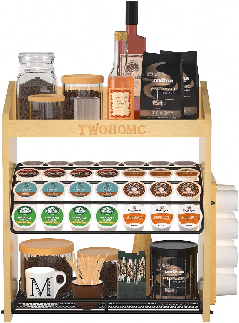 Twohomc K Cup Holder, Keurig Pod Holder - 36 Pods Large Capacity Coffee Bar Accessories, 3-Tier Bamboo Coffee Bar Organizer Save Space for Office or Home Kitchen Counter, Bar Table : Home & Kitchen