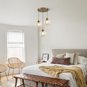 KCO Lighting 3 Light Globe Chandelier Bushed Gold Cluster Pendant Light 7 Amber Glass Pendant Light Large Kitchen Island Pendant Lighting