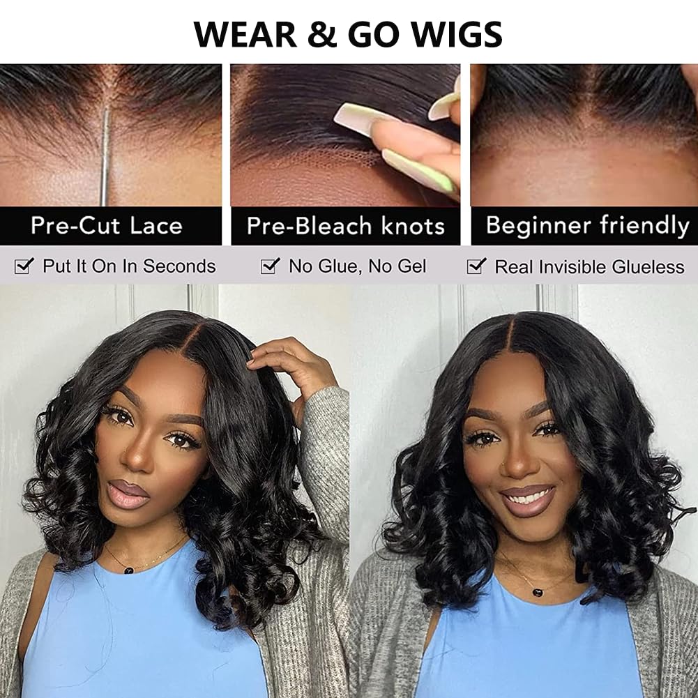 5x5 Wear and Go Glueless Bob Wig Human Hair Pre Plucked Pre Cut Glueless Wigs for Black Women Body Wave Lace Front Wigs Human Hair No Glue Lace Closure Wig for Beginners 180% Density 12 Inch - Image 2