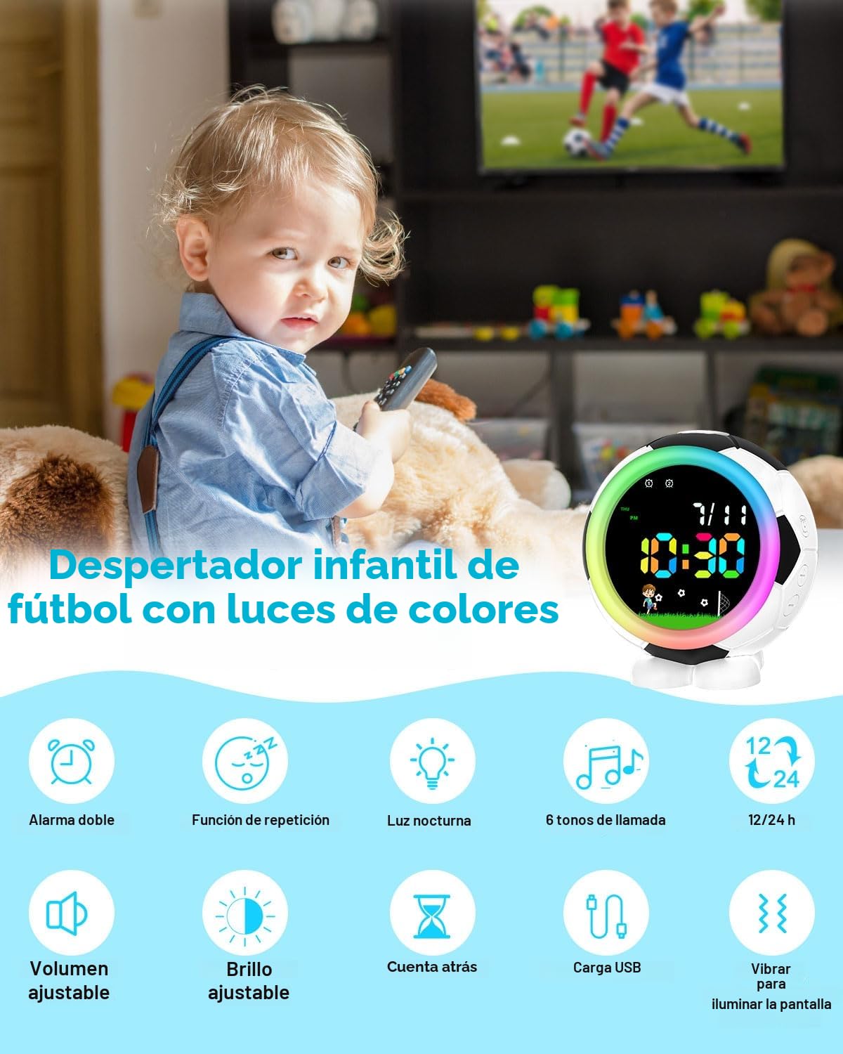 Fútbol Reloj Despertador Niño,Reloj Despertador Digital Infantil con Función Snooze, Luz Nocturna, 6 Tonos, Alarmas Dobles, Sistema 12/24 Horas