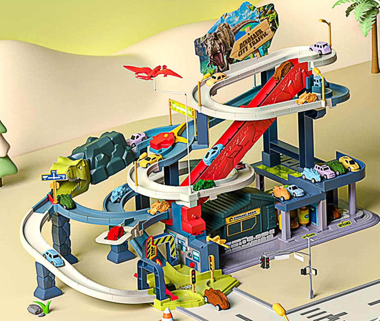 Dinosaurier Spielzeug Rennstrecken Spielset mit 7 Ebenen 8 Autos, Autorennbahn Parkhaus Garage City Streckenset Autobahn für Kinder ab 3 4 5 6 Jahren