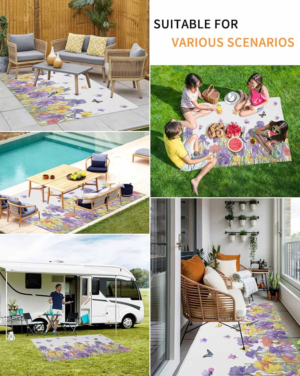Outdoor Rug 4x6 ft Bird Iris Flower Floral Outdoor Large Area Rug Non Slip Butterfly Branch Leaves Front Door Mat RV Rug Camping Carpet Patio Outdoor Rugs for Backyard Balcony Deck Porch Indoor