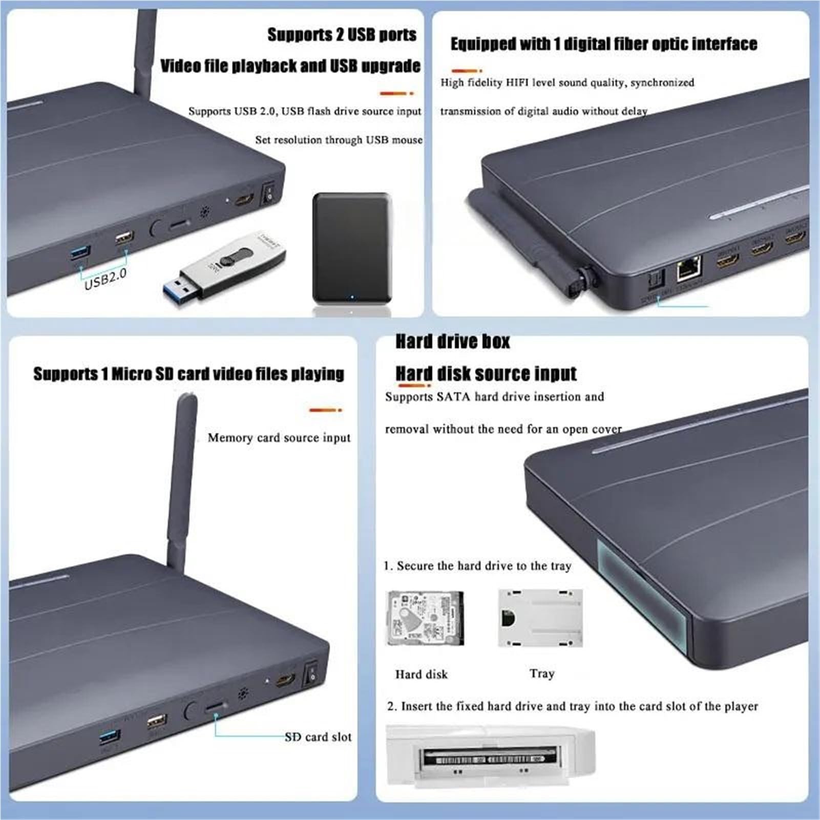 Reproductor de Video Multimedia HD 4K 8 vías, Compatible con HDMI, Reproductor Disco Duro for TV 4, Pulgadas, Caja fácil de operar