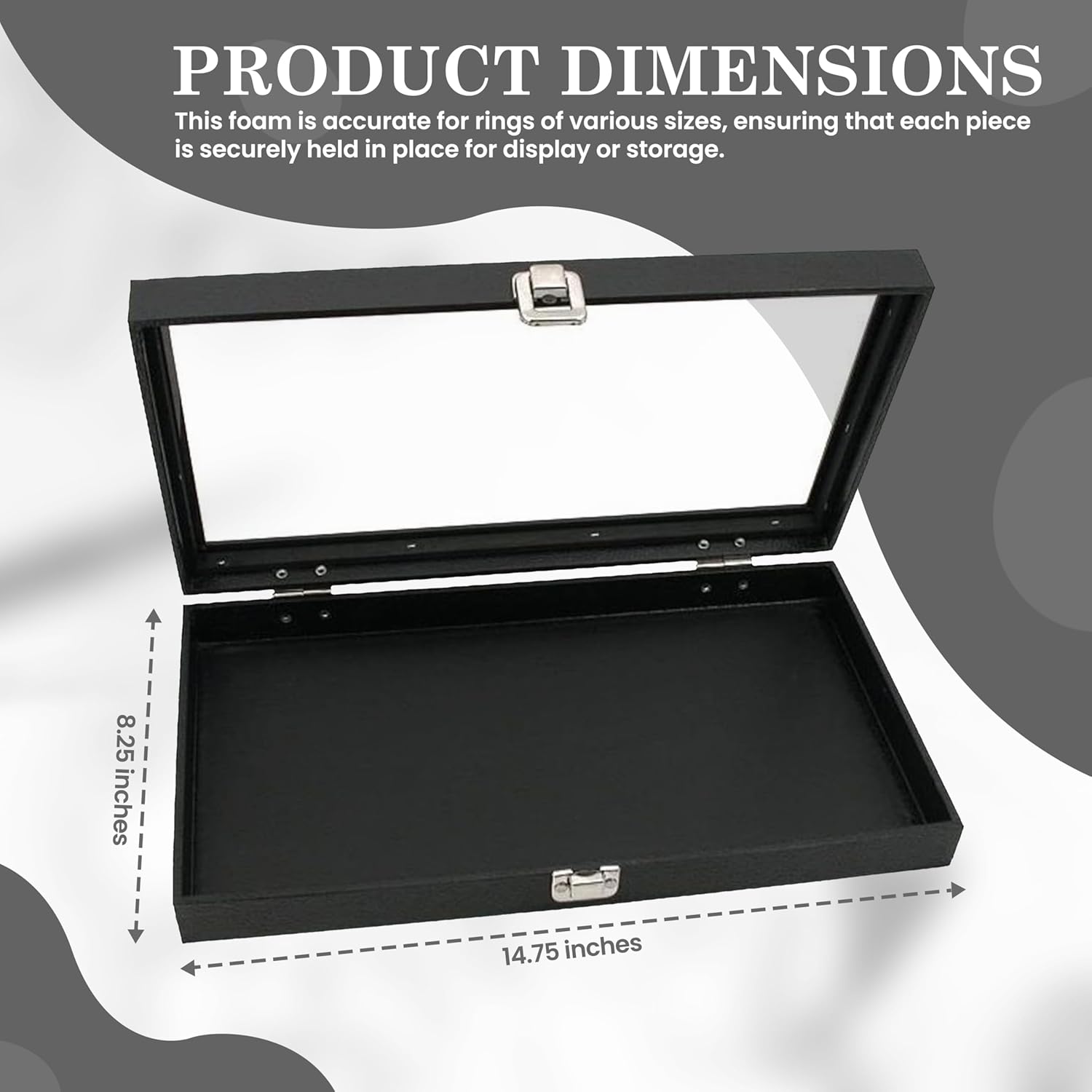 Novel Box Ring Display Glass Case Black 14.75x8.25x2.1 Inches with 72-Slot Grey Ring Foam Insert - Travel Ring Case with Metal Clasp - Jewelry Box to Keep Rings Dust Free & Secure