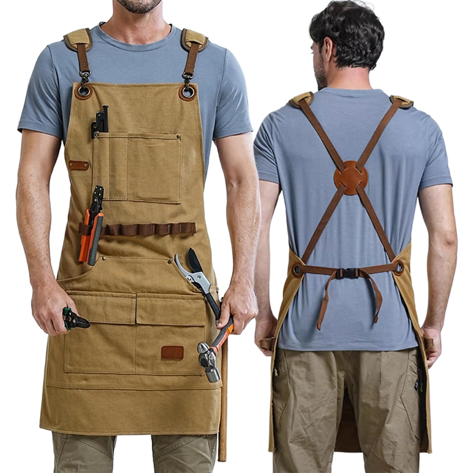 Tabliers De Travail pour Hommes Femmes, Tabliers Toile avec Sangle Réglable Et 7 Poches, Tablier pour Charpentier,Menuisier Beige,One Size